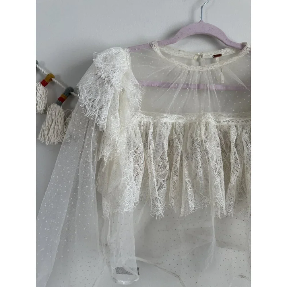 Free People Chloe Swiss Dot Lace Ruffle Sheer White Top Cottage Romantic Dainty
